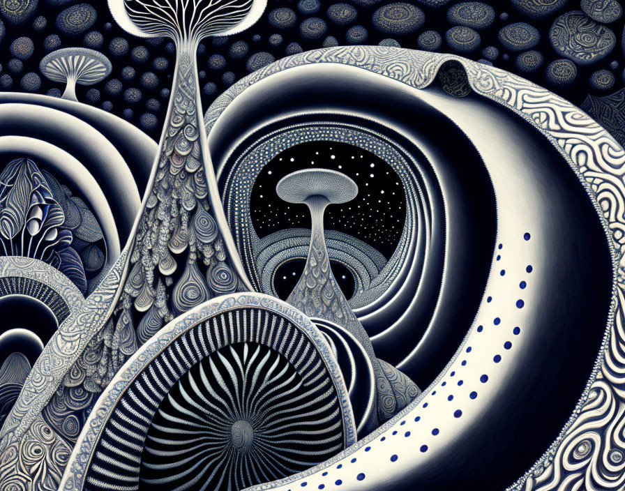 Detailed Black and White Fractal Image with Psychedelic Alien Patterns