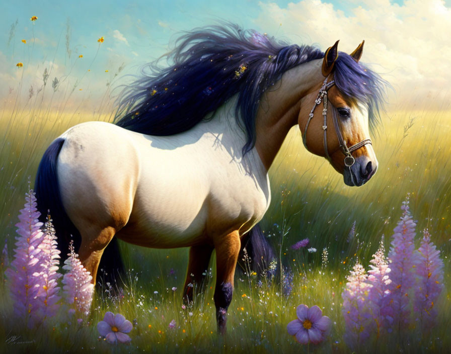 Majestic horse in vibrant floral meadow under sunny sky