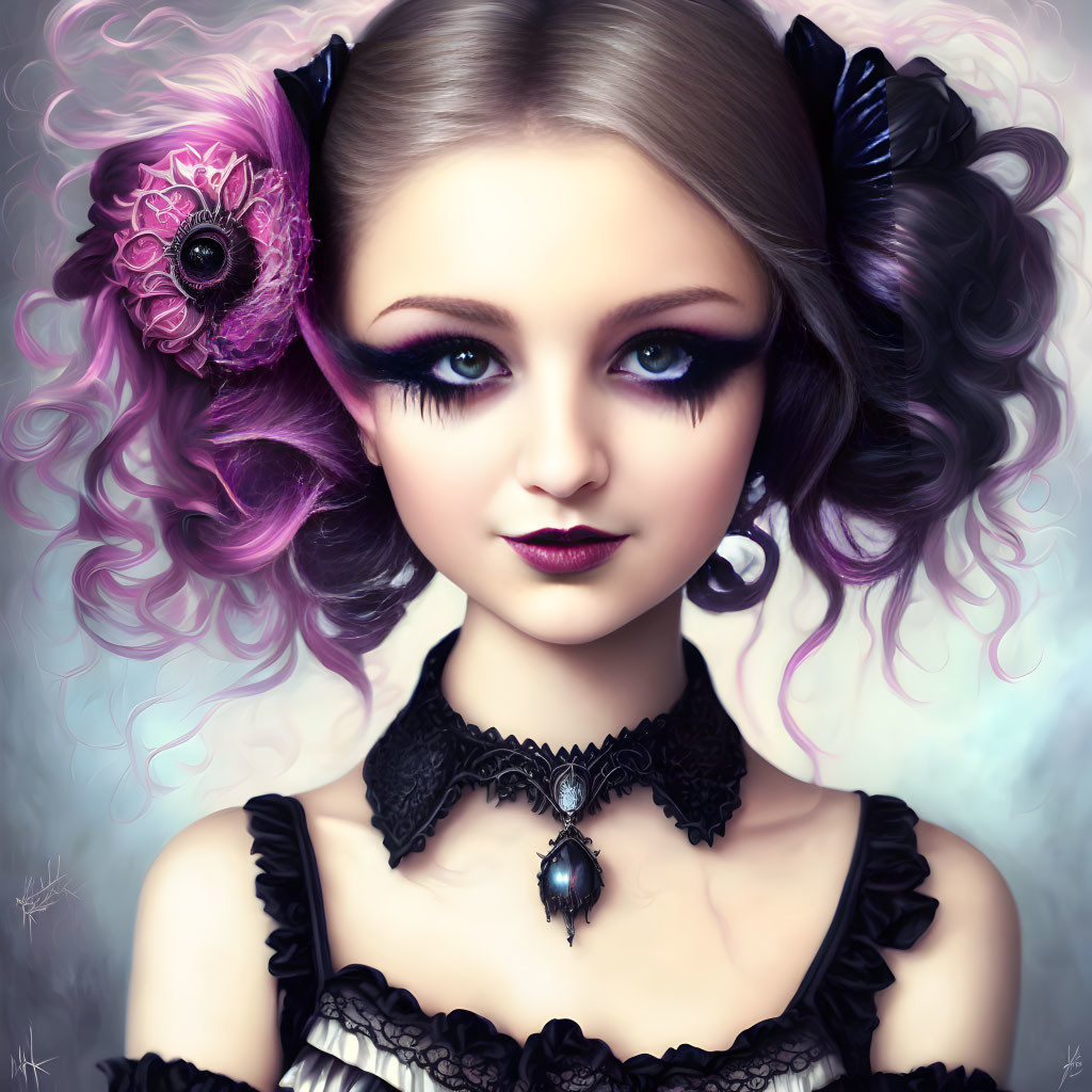 Portrait of girl with violet curly hair, flower, bows, dramatic makeup, and gothic attire.