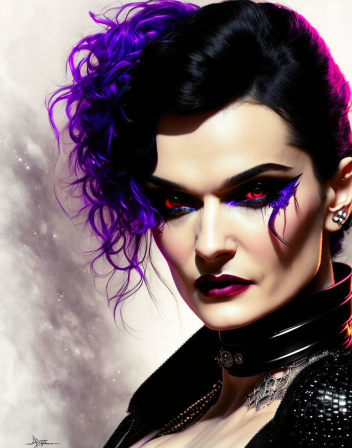 Person with Stylized Makeup, Purple Hair, Red Glowing Eyes, Leather Outfit