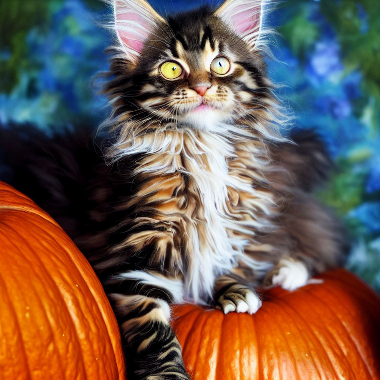 Tabby Kitten with Yellow Eyes on Orange Pumpkin in Floral Setting