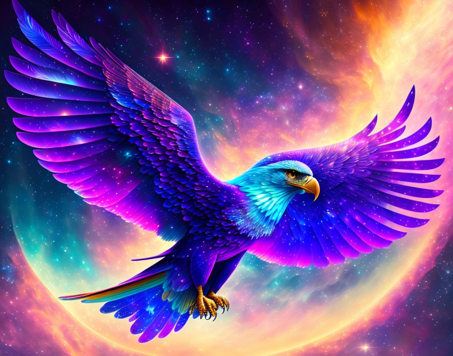 Majestic blue eagle flying in cosmic backdrop