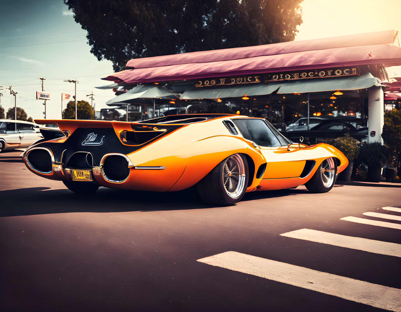 Vintage orange sports car with twin exhausts parked at sunset