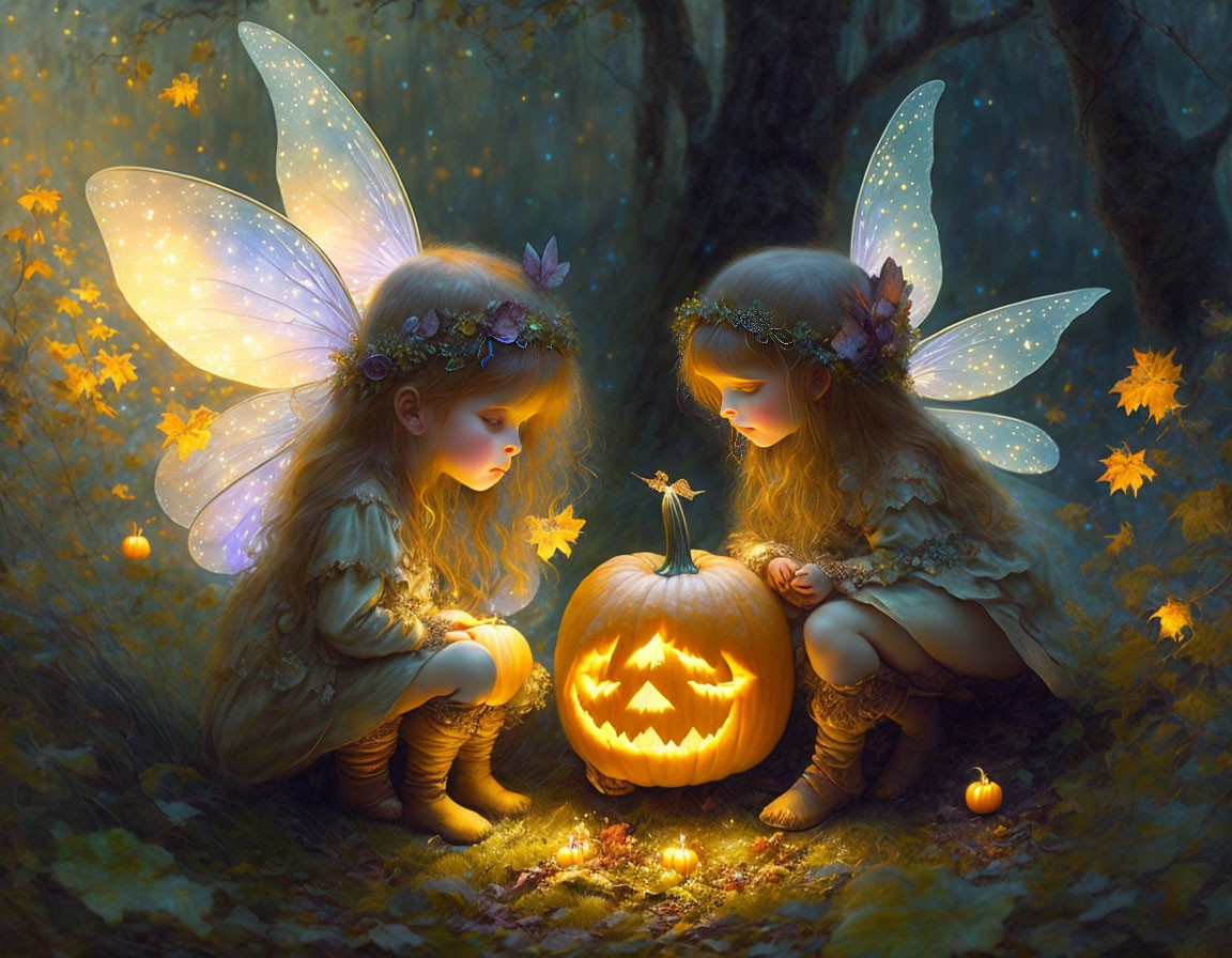 Glowing-winged children by carved pumpkin in magical autumn forest