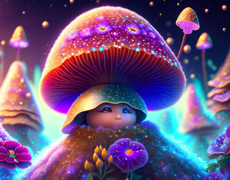 Colorful Mushroom Scene with Whimsical Character and Glowing Flora