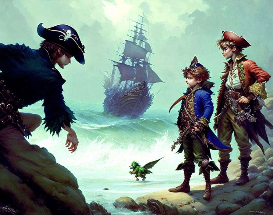Fantasy pirate characters on shore with ship, dragon-like creature