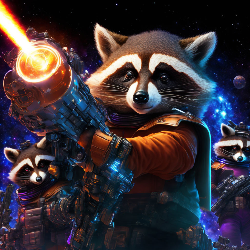 Stylized raccoon with futuristic gun in cosmic scene