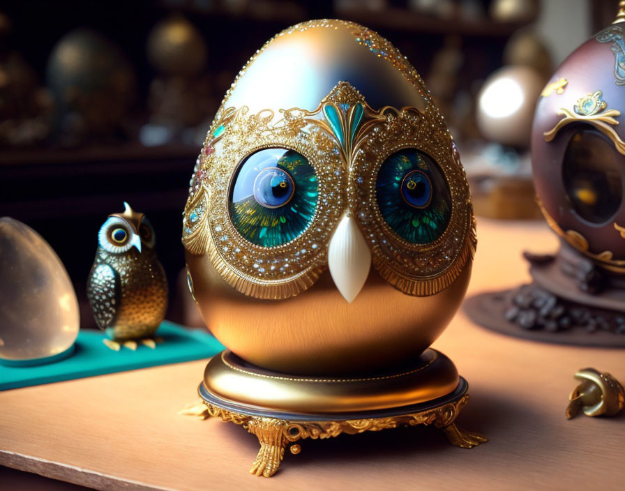 Egg-shaped ornate object with owl features and gold embellishments