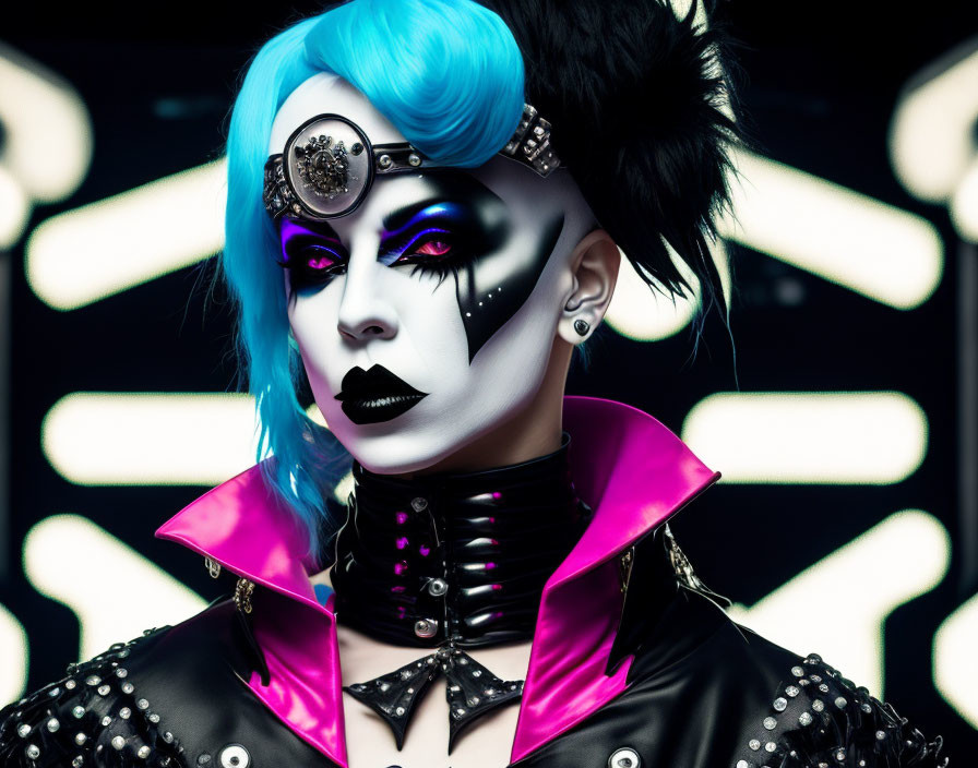 Avant-garde cyberpunk makeup and attire with blue wig and monocular eyepiece