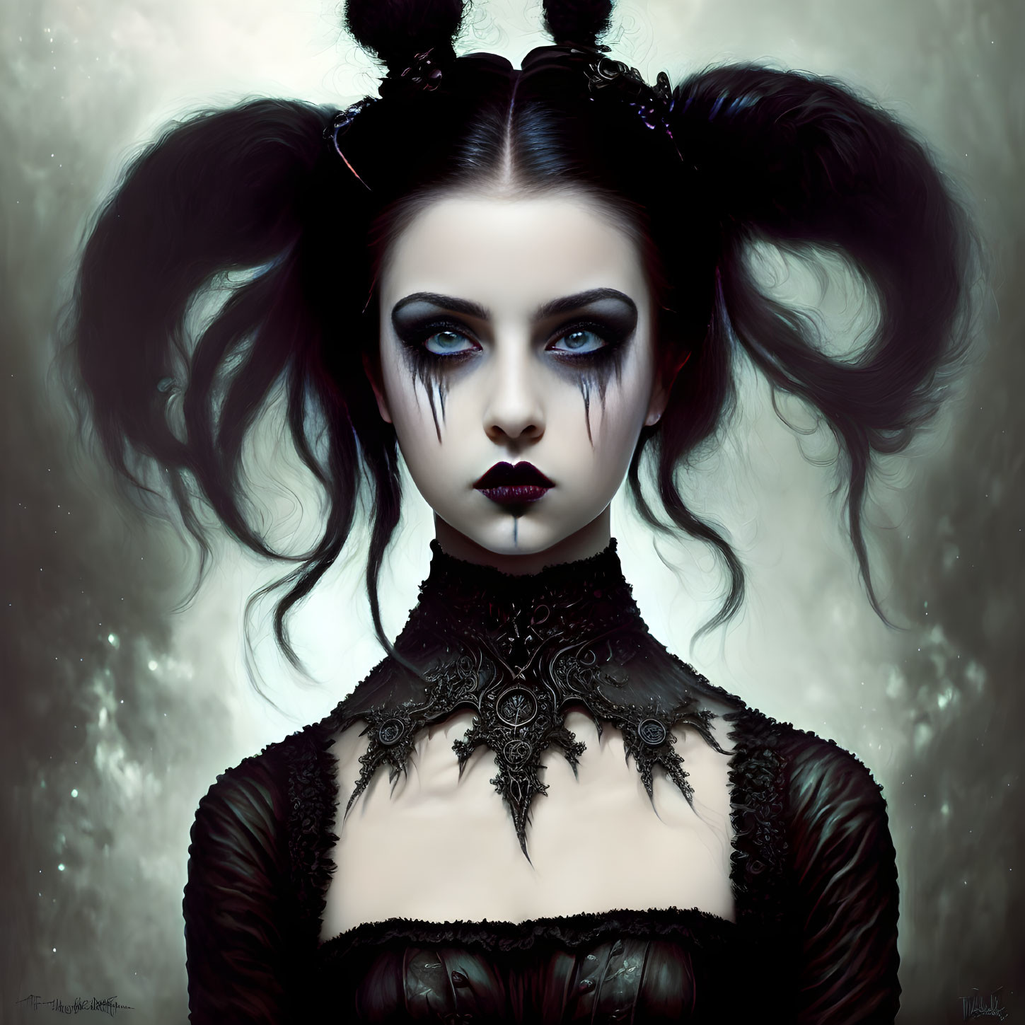 Gothic-style female figure with dark makeup and twin pigtails in intricate black attire against mist