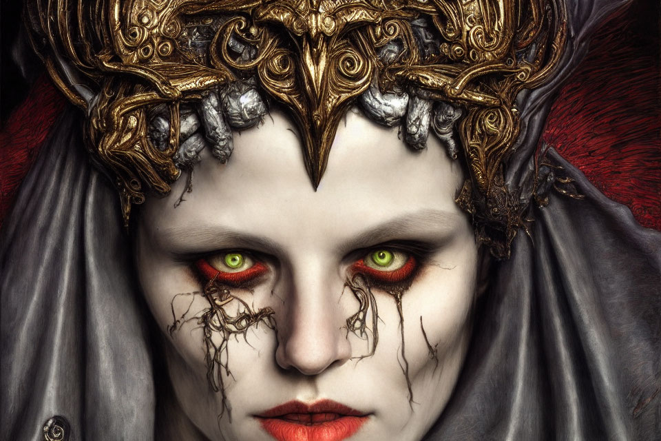 Pale-skinned figure with green eyes, golden headpiece, and black markings.