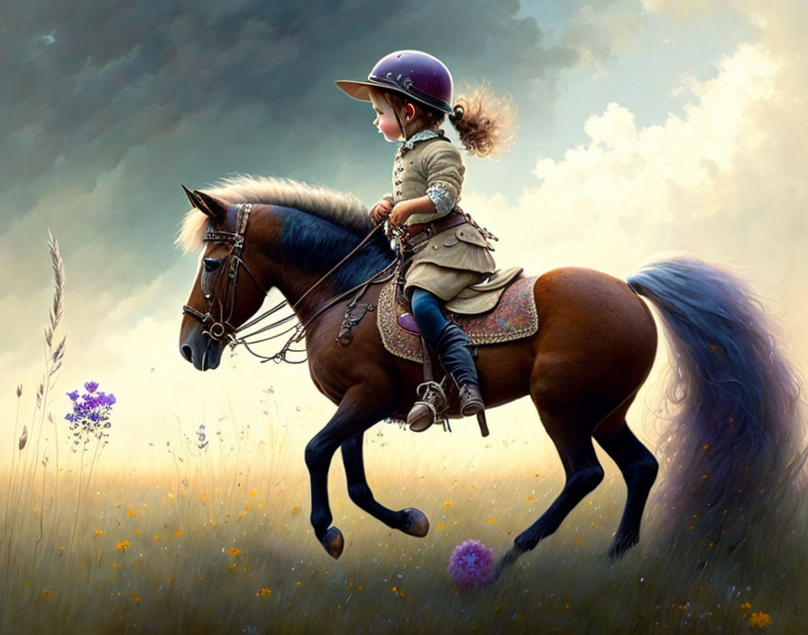 Child in riding helmet joyfully rides pony in historical attire through flower-strewn meadow under dramatic