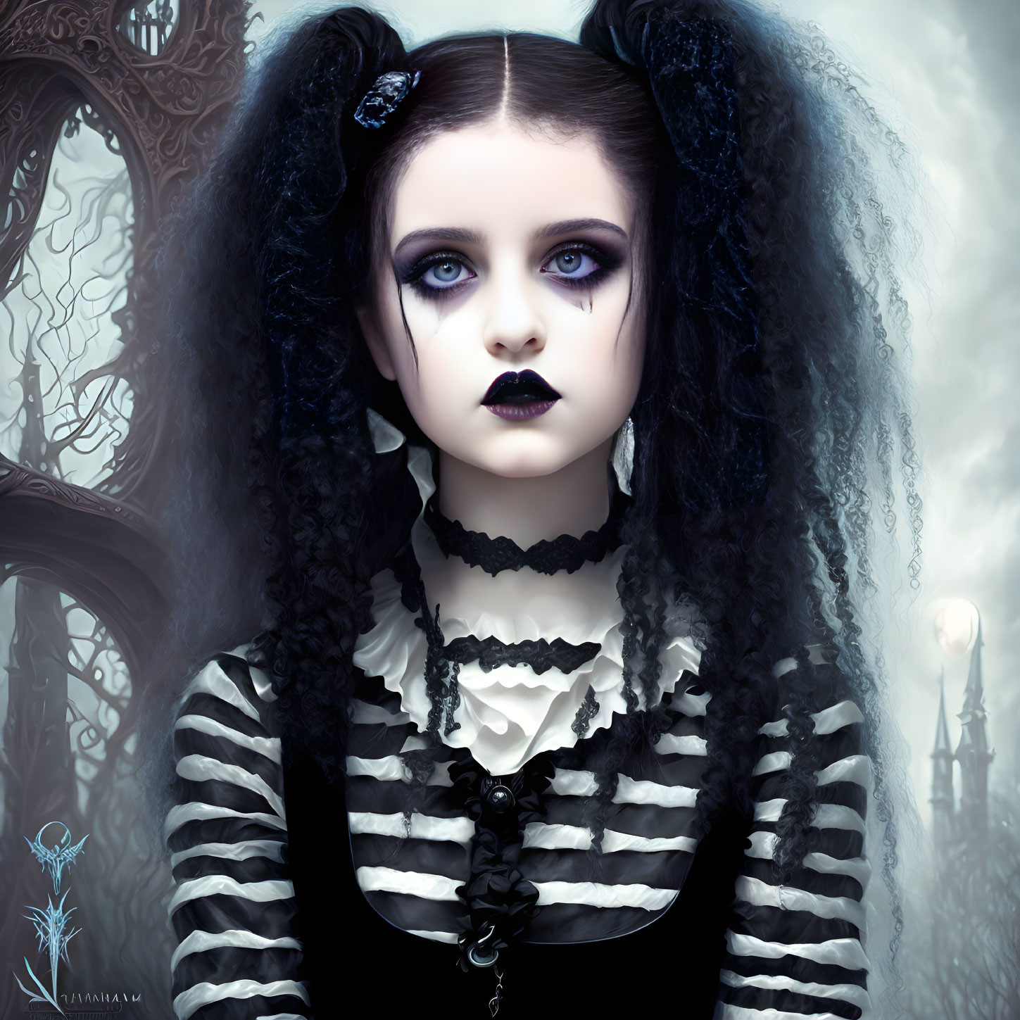 Pale-skinned gothic woman in striped dress with dark lipstick and black hair