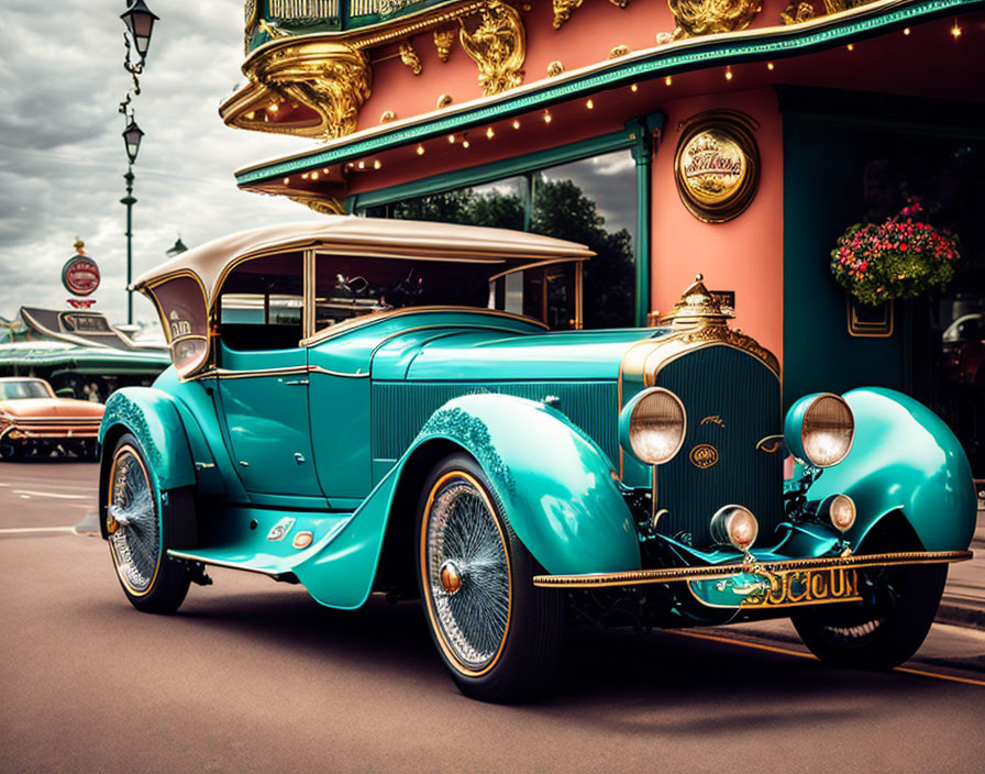Vintage Teal Car with Classic Design Elements and Spoke Wheels Near Carousel