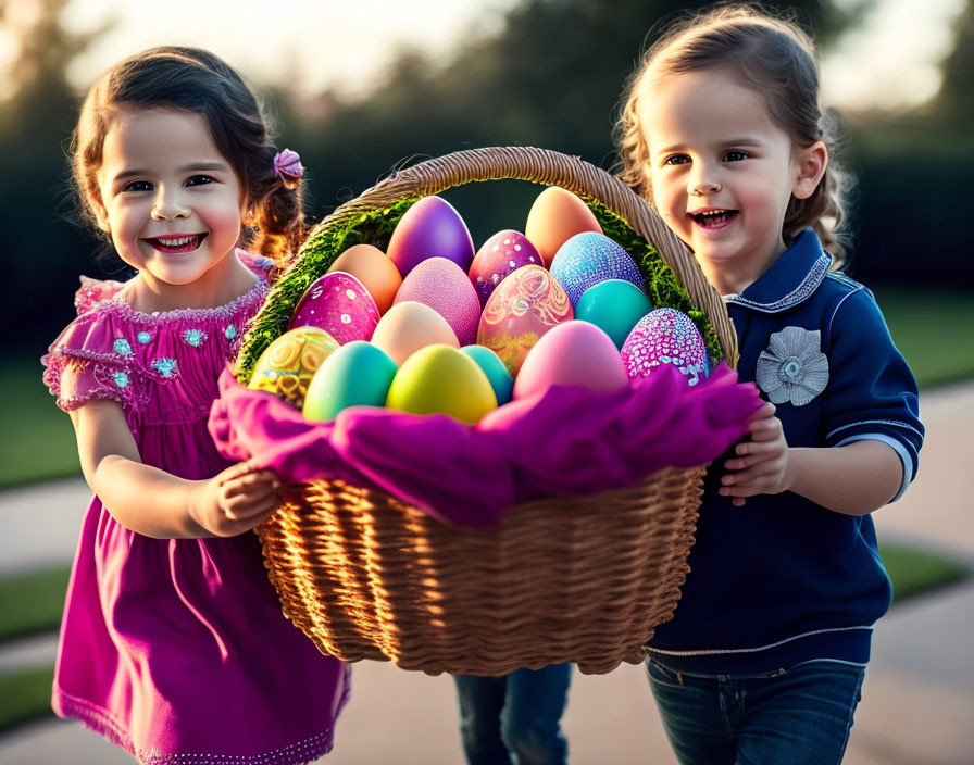 Young Children Carrying Basket of Easter Eggs Outdoors