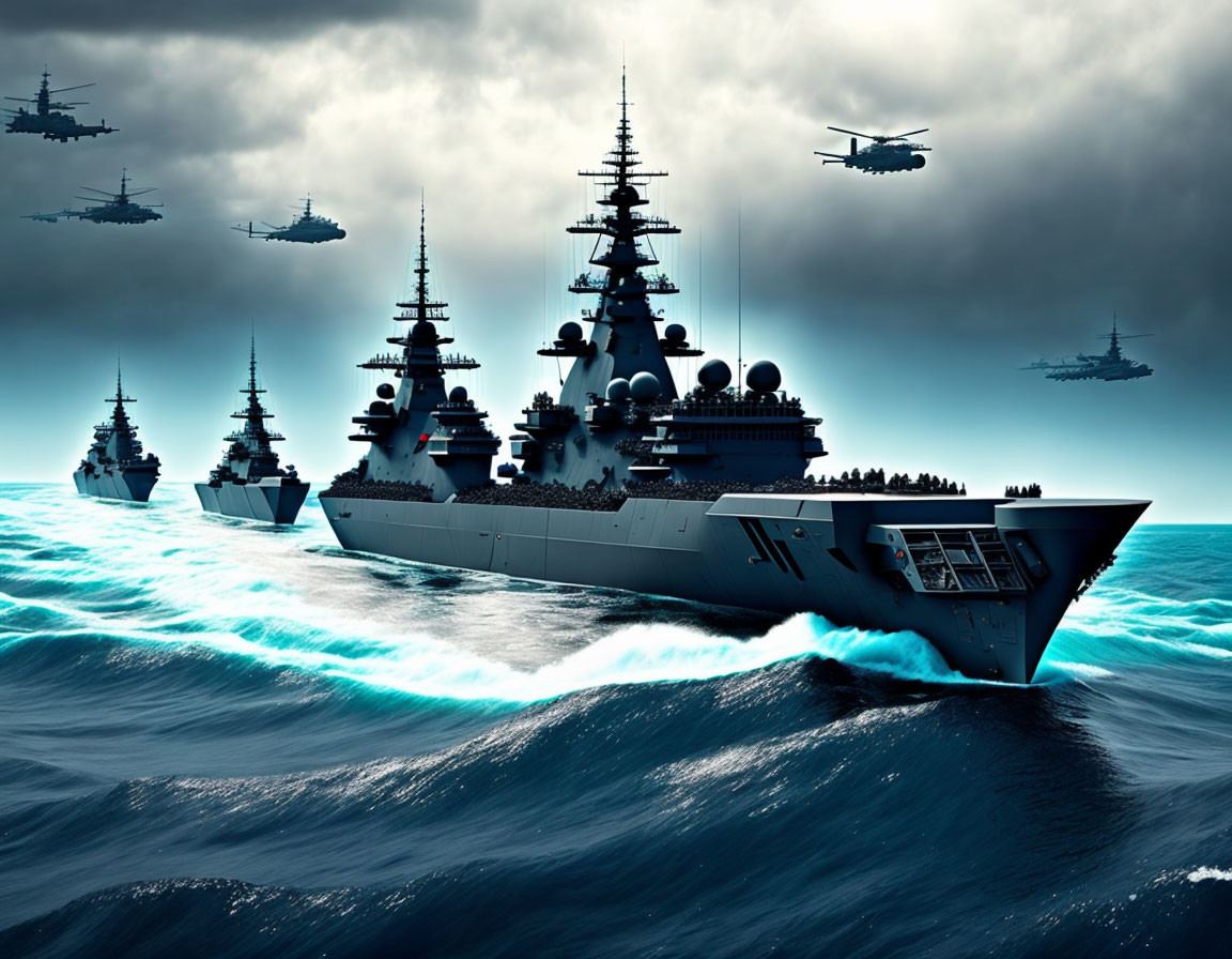 Naval Warships and Helicopters Patrolling Stormy Ocean Sky