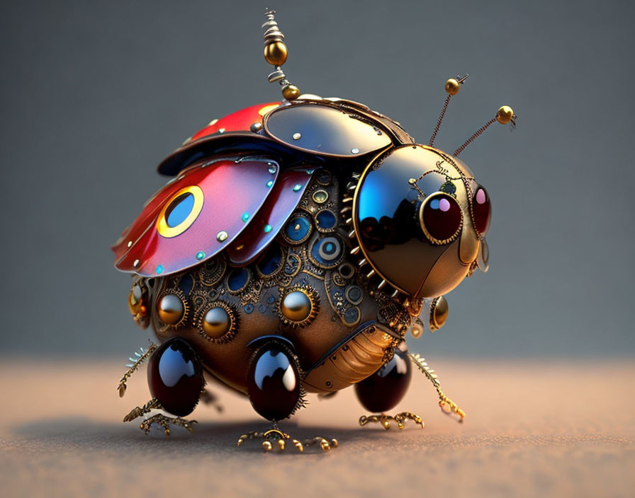 Colorful 3D mechanical ladybug illustration with ornate shell and metal textures