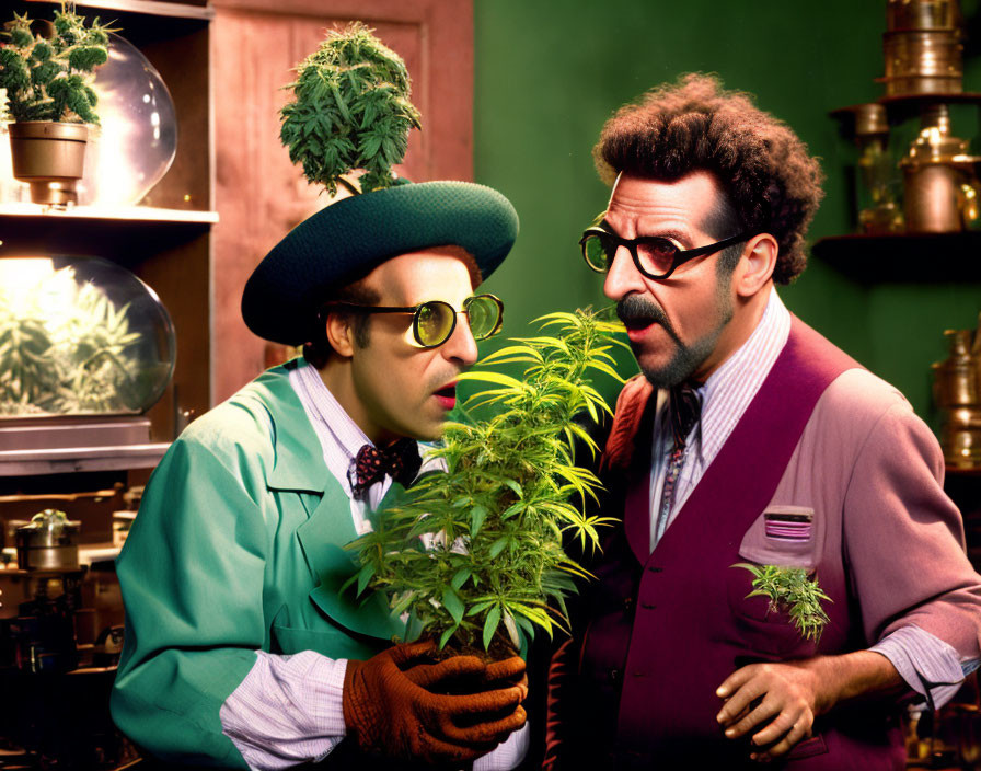 Men in Colorful Outfits with Cannabis Plant in Green Room
