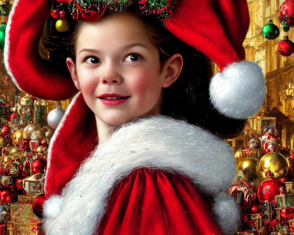 Child in Santa hat and festive costume among Christmas decorations