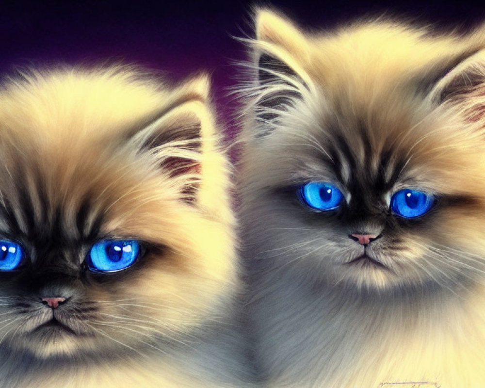 Fluffy Cats with Blue Eyes and Long Fur on Purple Background