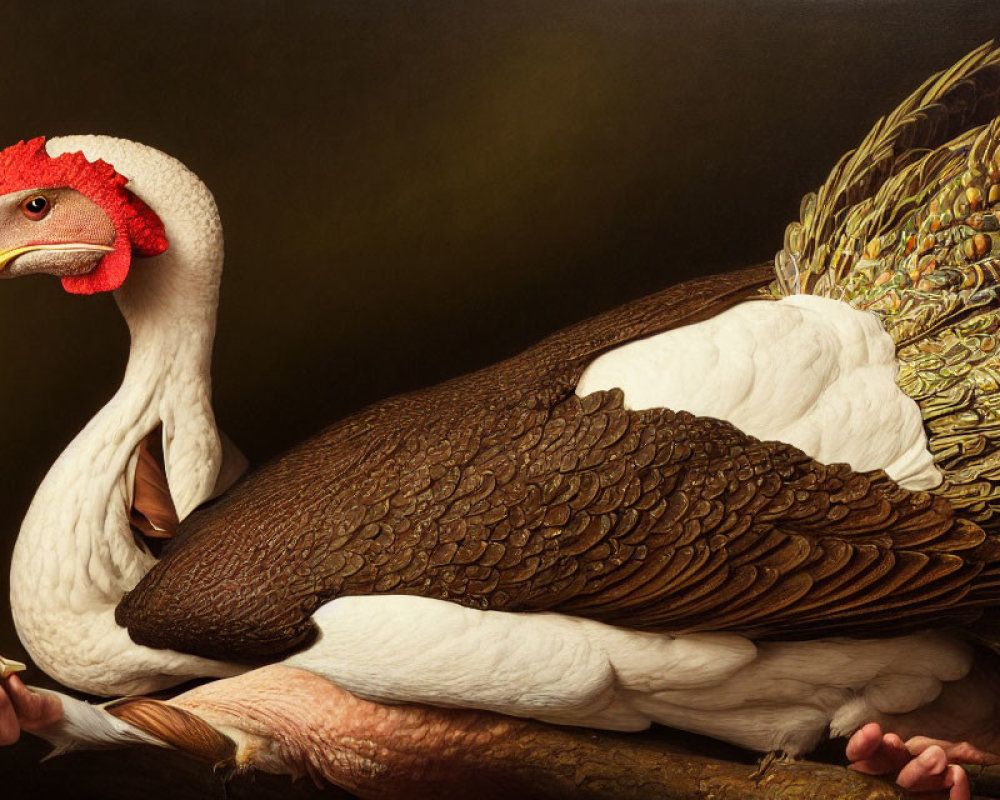 Hyper-realistic painting of a turkey with intricate feather details and vivid red and yellow head held by a