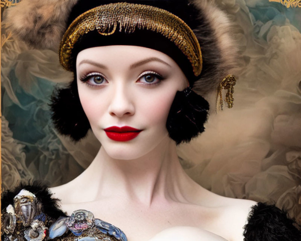Vintage Attire Woman with Fur Hat and Red Lipstick in Ornate Setting