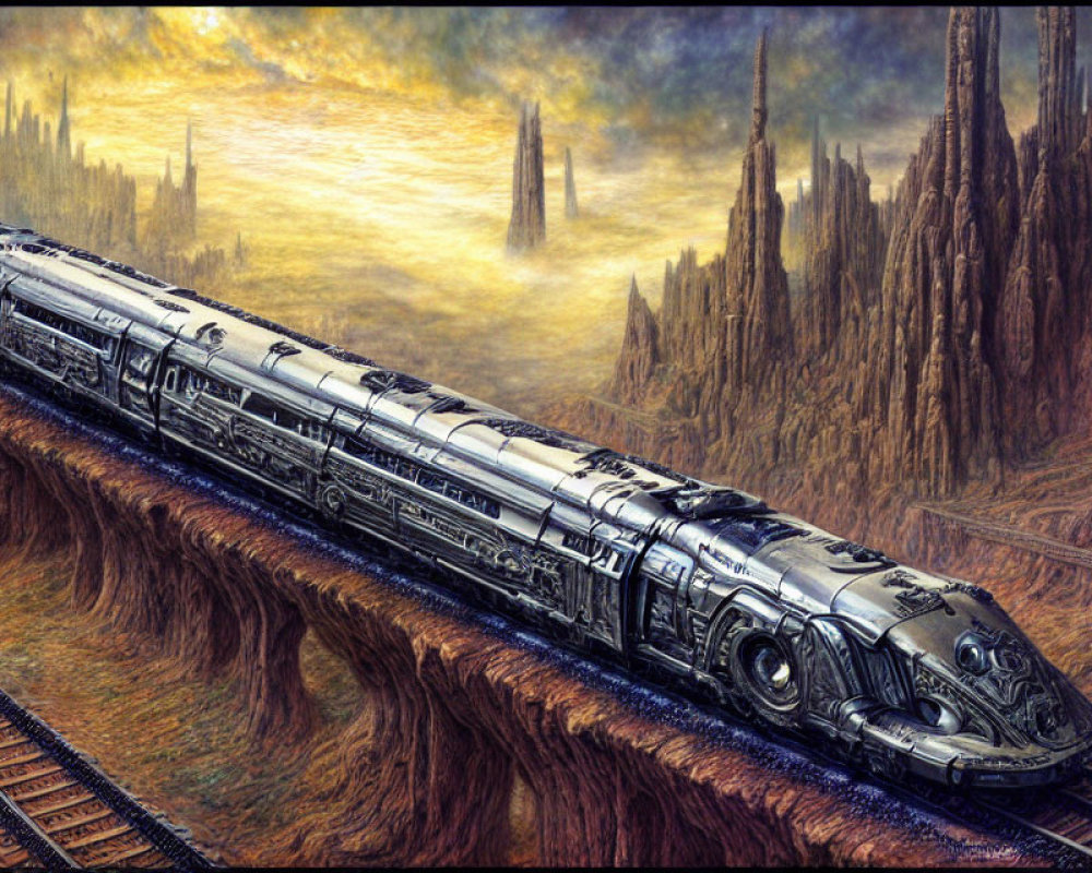 Futuristic silver train on elevated tracks in golden skyline