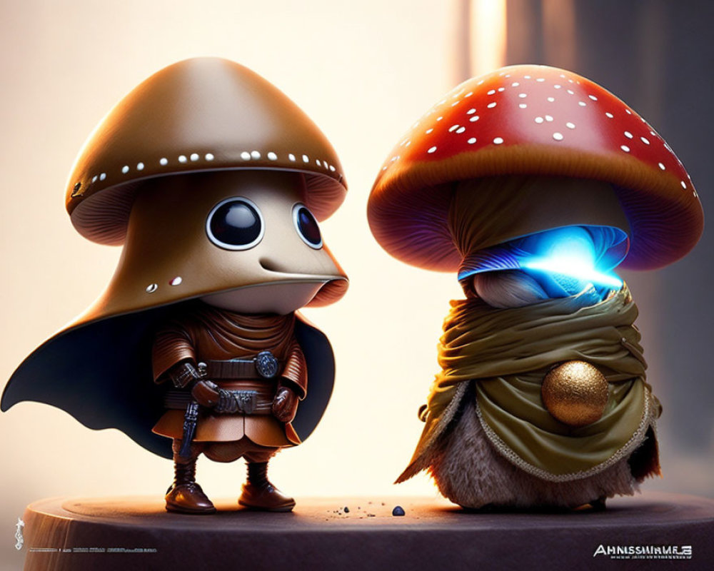 Fantasy-themed stylized animated mushroom characters with cape, armor, and glowing element.