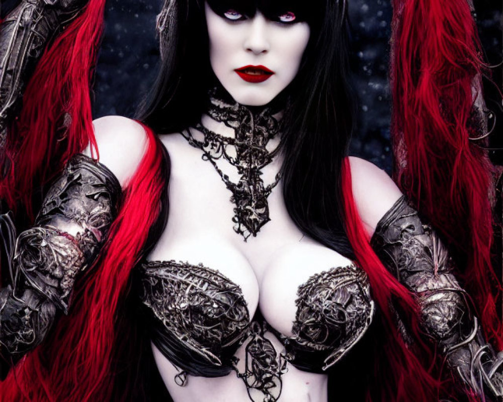 Pale-skinned woman in gothic fantasy costume with red and silver accents, ornate armor, and