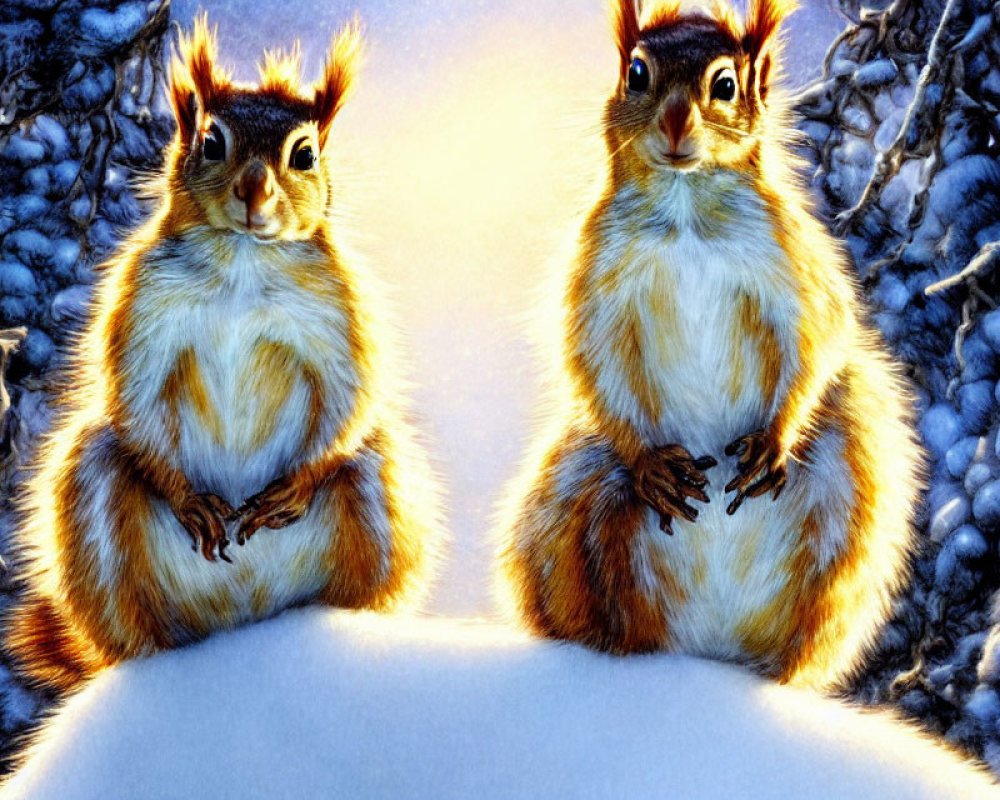 Symmetrical snowy scene with illustrated squirrels on snow