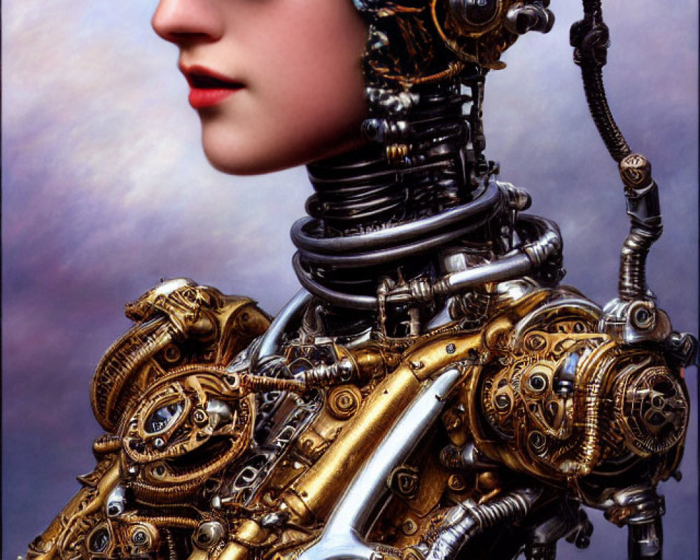 Steampunk-style digital art featuring female figure with mechanical elements