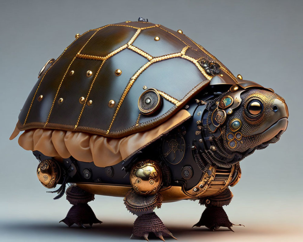 Steampunk mechanical turtle with brass gears and leather textures