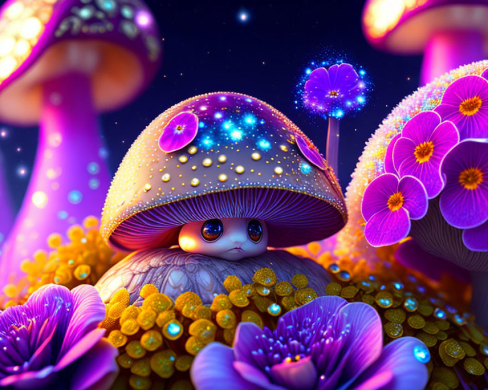 Colorful Turtle with Mushroom Cap Shell and Glowing Patterns Among Vibrant Flowers under Starry Sky