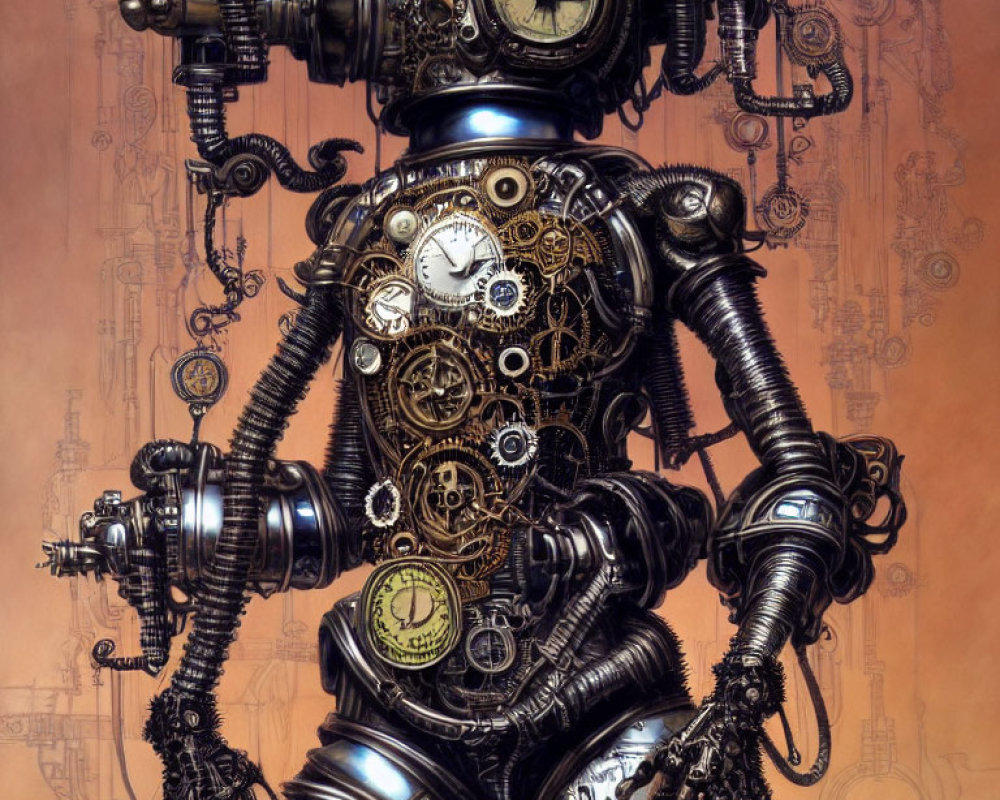 Steampunk robot with clock components and mechanical gears on torso against cog backdrop.
