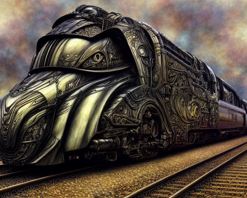 Futuristic metallic train on railway track under cloudy sky
