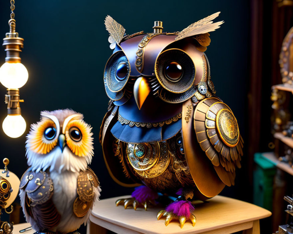 Intricate Mechanical Owls with Ornate Designs on Dark Background