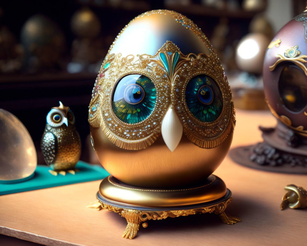 Egg-shaped ornate object with owl features and gold embellishments