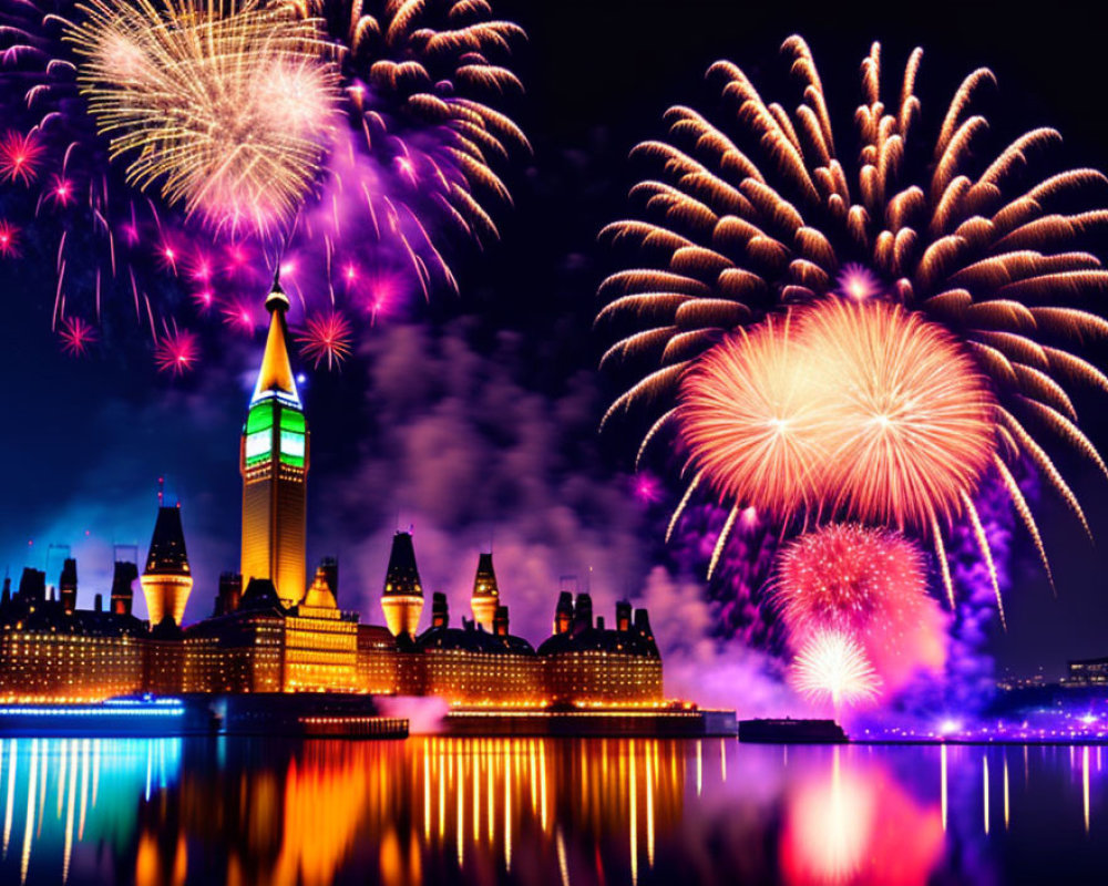 Colorful fireworks illuminate city skyline and water at night