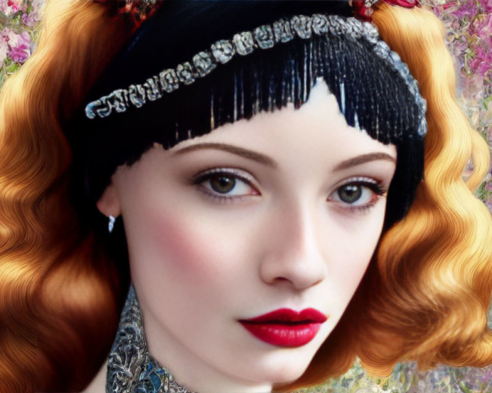 Vintage flapper-style headband on woman with wavy red hair against floral backdrop