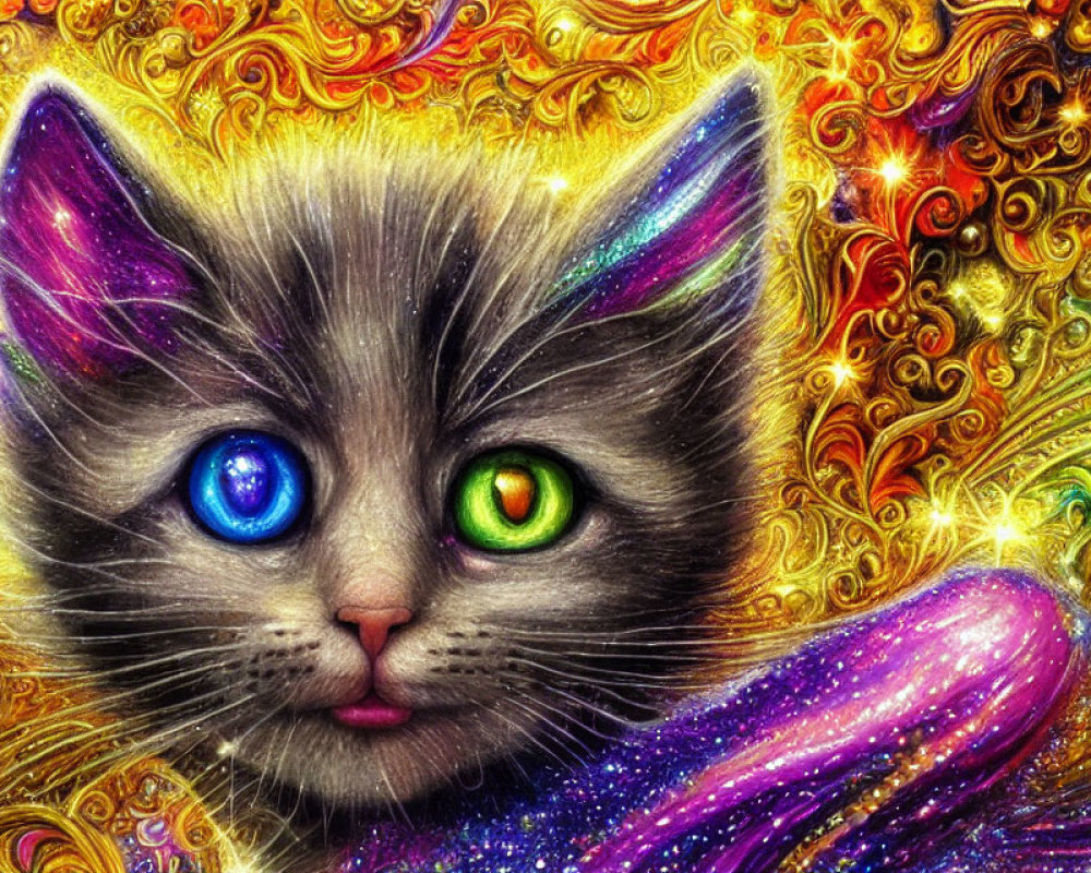 Colorful digital artwork of cat with mismatched eyes and purple fur on gold pattern background