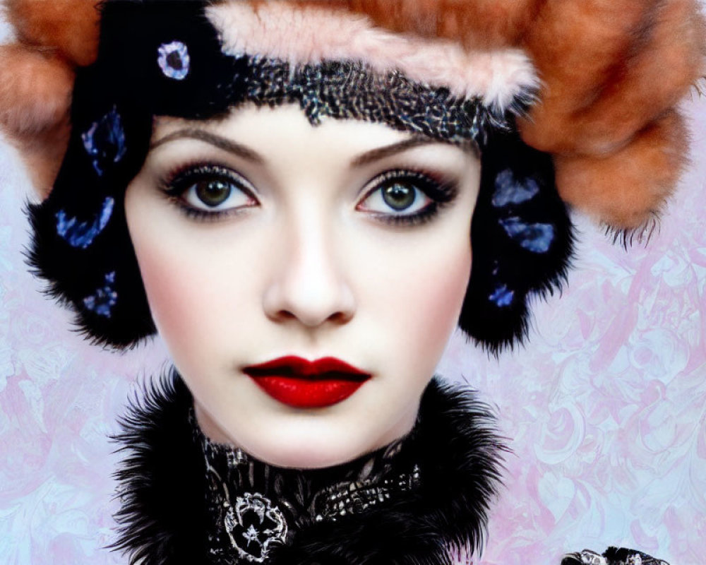 Striking makeup woman in fur-lined hat against patterned backdrop