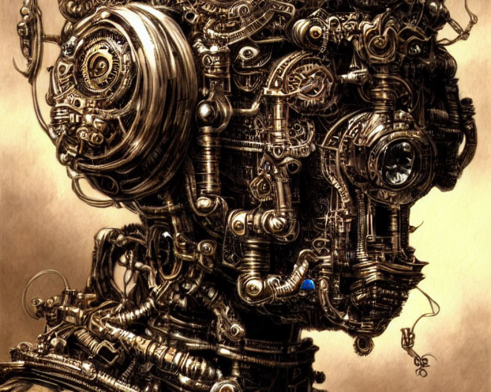 Detailed Steampunk Robot Head with Gears and Cogs in Sepia Tone