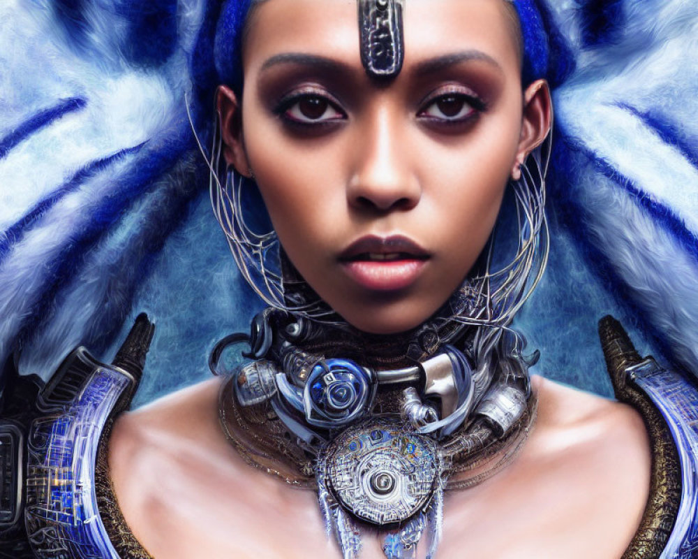 Futuristic portrait of woman with metallic cybernetic enhancements and tribal makeup on icy blue background