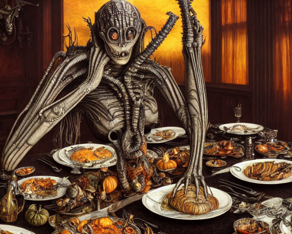 Detailed Alien Creature Dining Table Artwork in Classical Setting