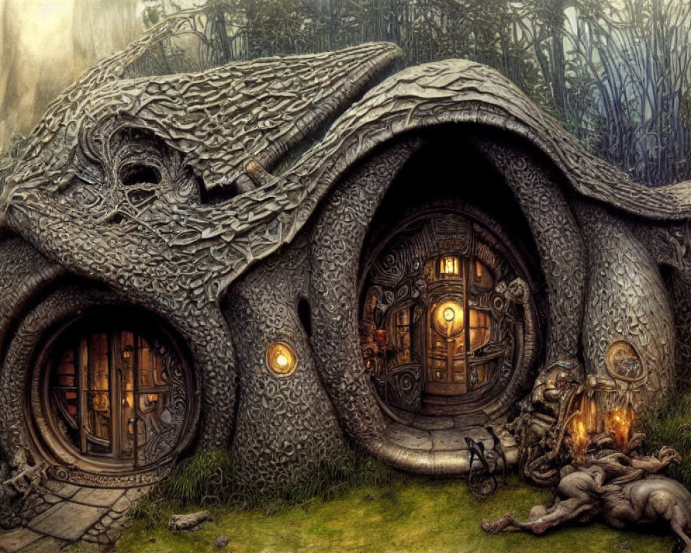 Round door and window fantasy house with intricate designs and cozy fire