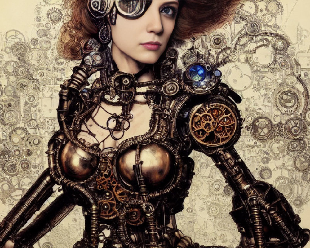 Steampunk-themed illustration of female figure with mechanical body parts and gears.