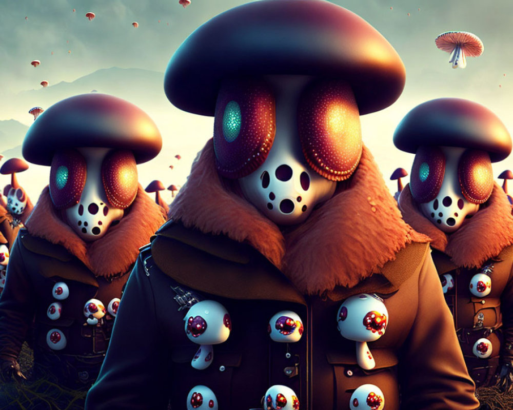 Surreal digital art: Figures with mushroom cap heads in skull patterns, wearing militaristic coats,