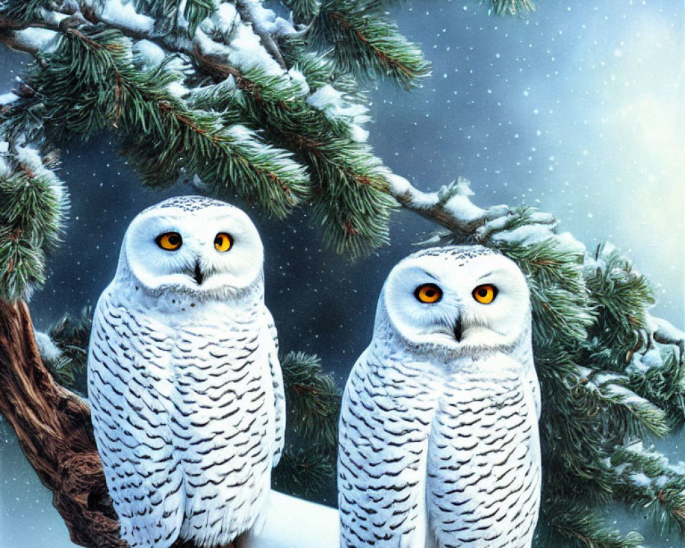 Snowy Twilight Scene: White Owls on Branch with Snow-Covered Pine Needles
