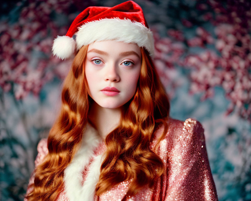 Red-haired woman in Santa hat and pink outfit against floral background