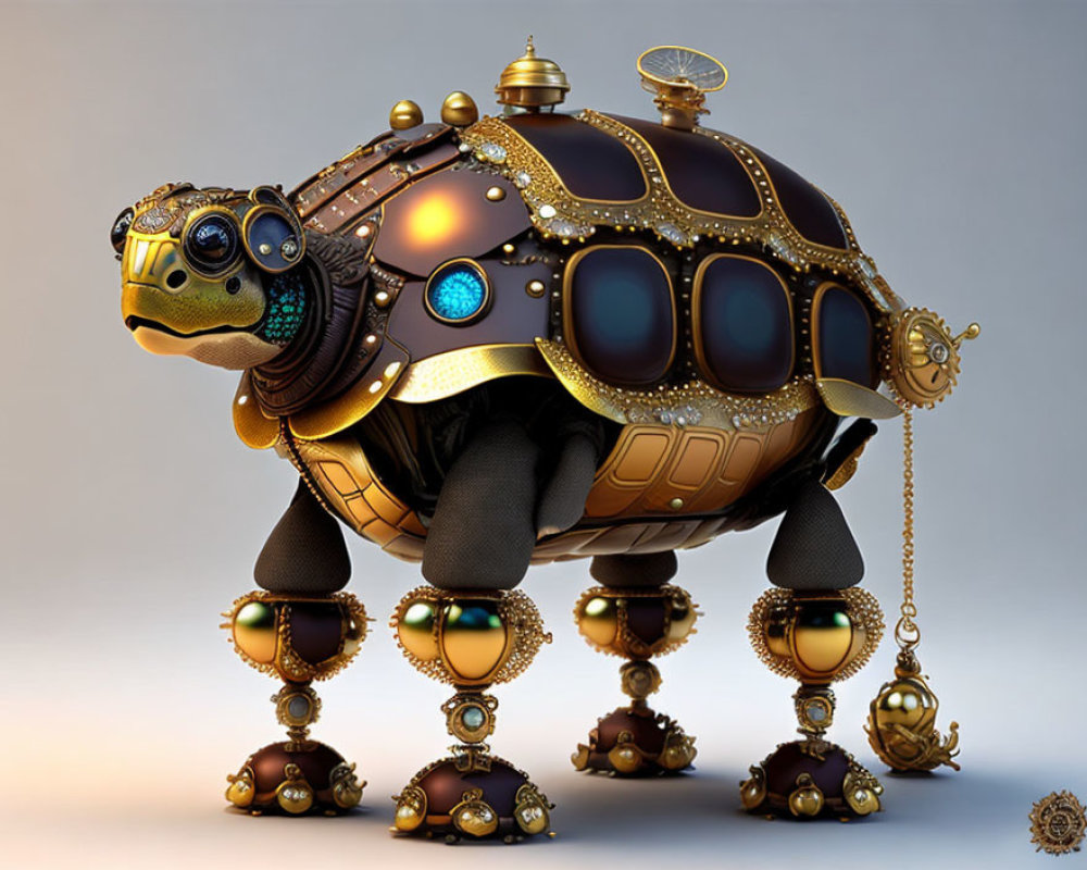 Steampunk-style mechanical turtle with brass accents and clockwork design on soft background